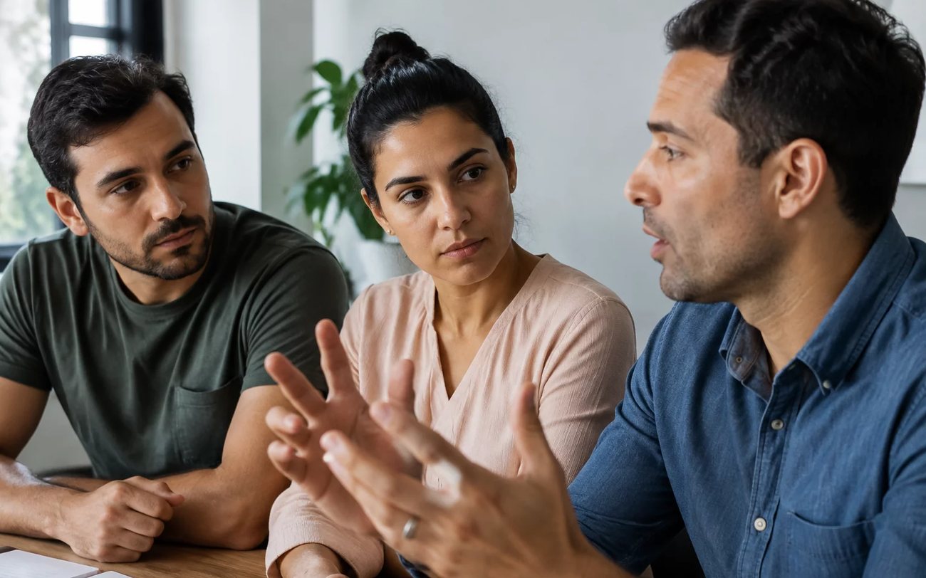 Roda de conversa numa sala clara, com uma pessoa expondo o ponto e duas escutando