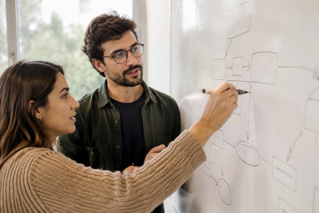 Facilitadora aponta para um mapa de argumento desenhado no quadro branco enquanto um participante acompanha