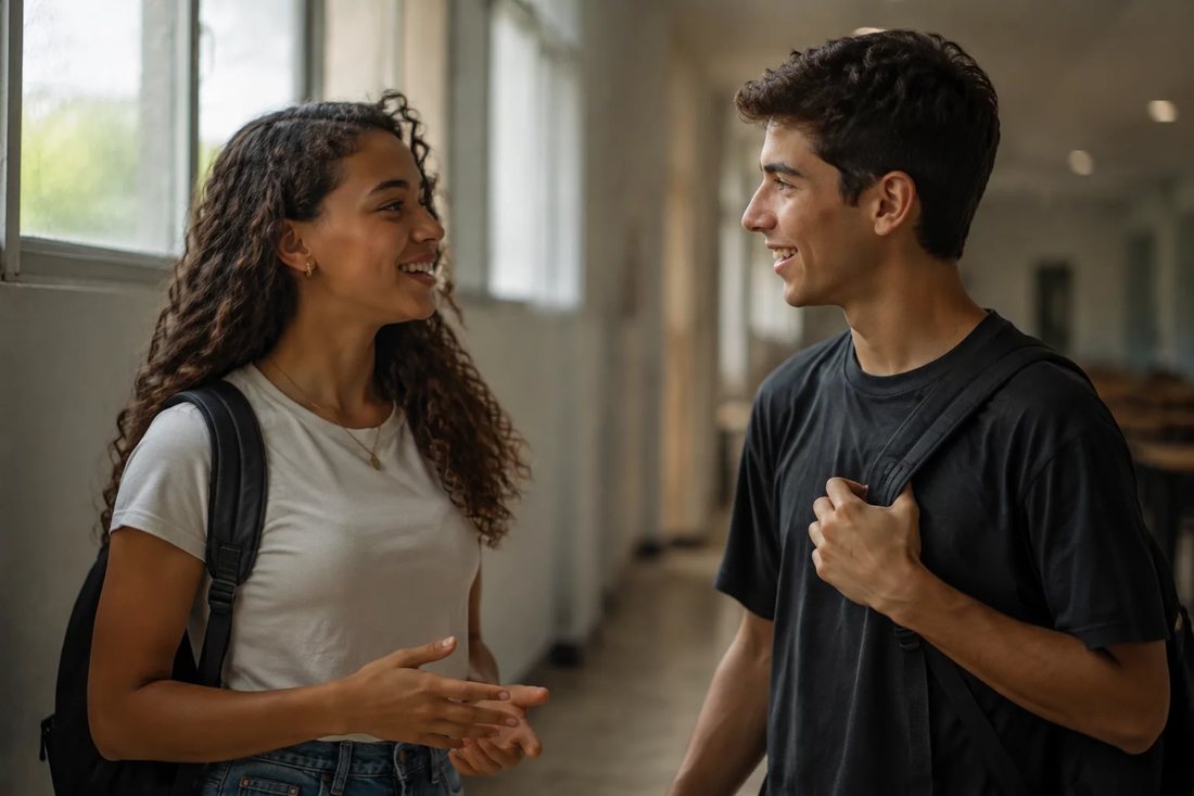 Dois estudantes de mochila continuam a discussão no corredor depois da sessão